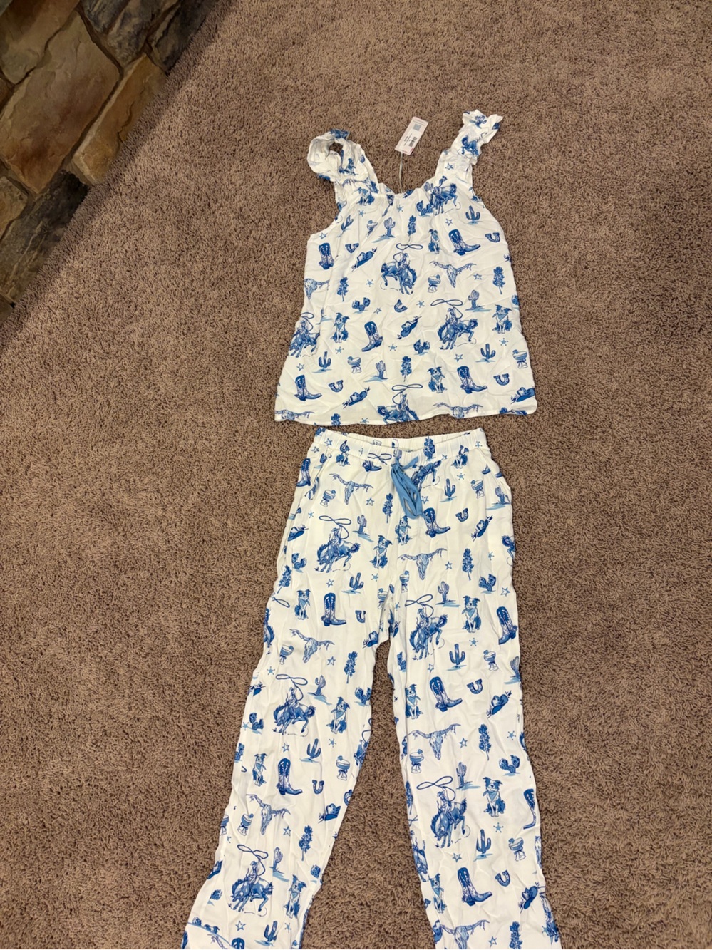Blue & White Western-Print Pajama Set - Women's Two-Piece Sleepwear